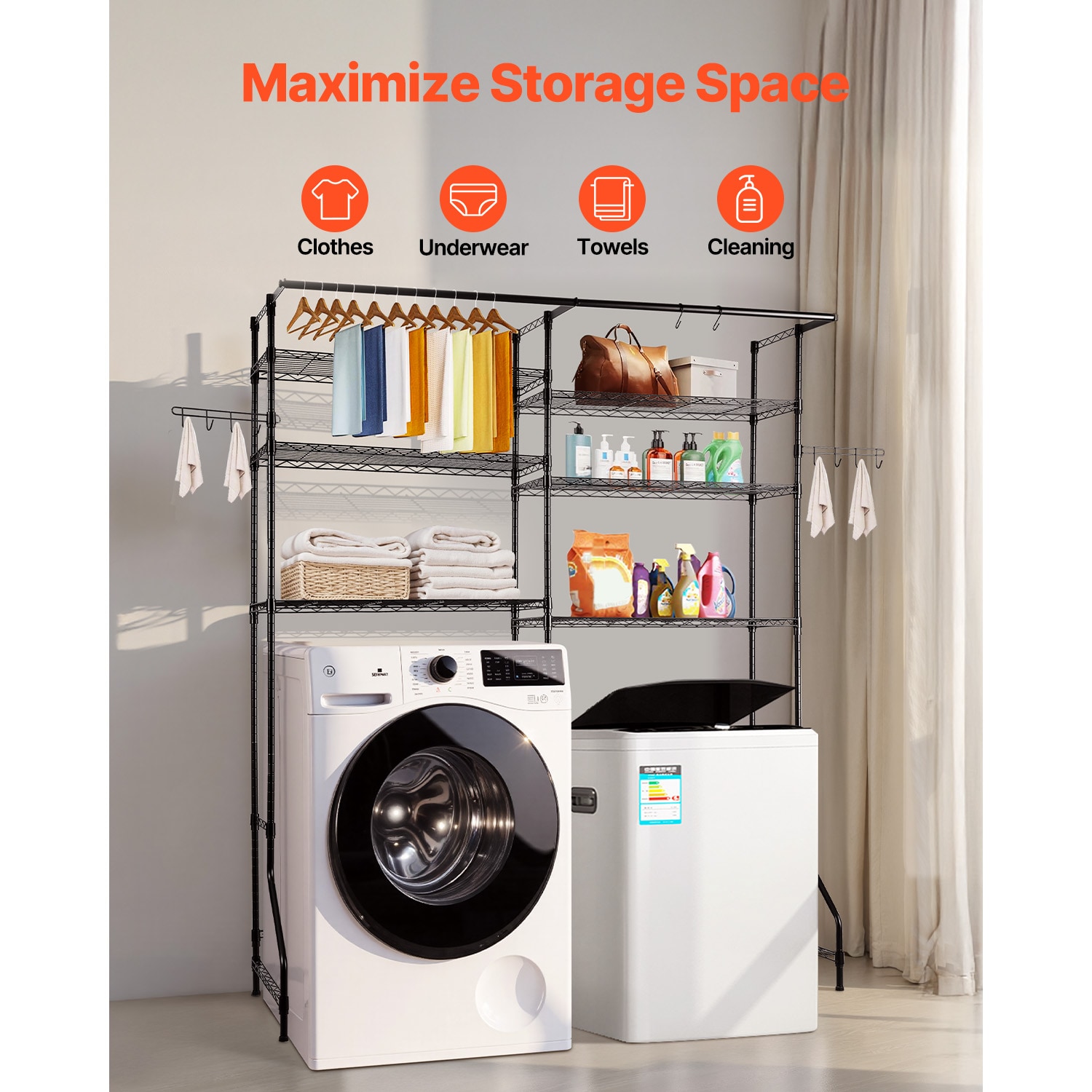6 Tier Laundry Room Storage Shelf With Hanger Rod And Hooks Black_voghion.com